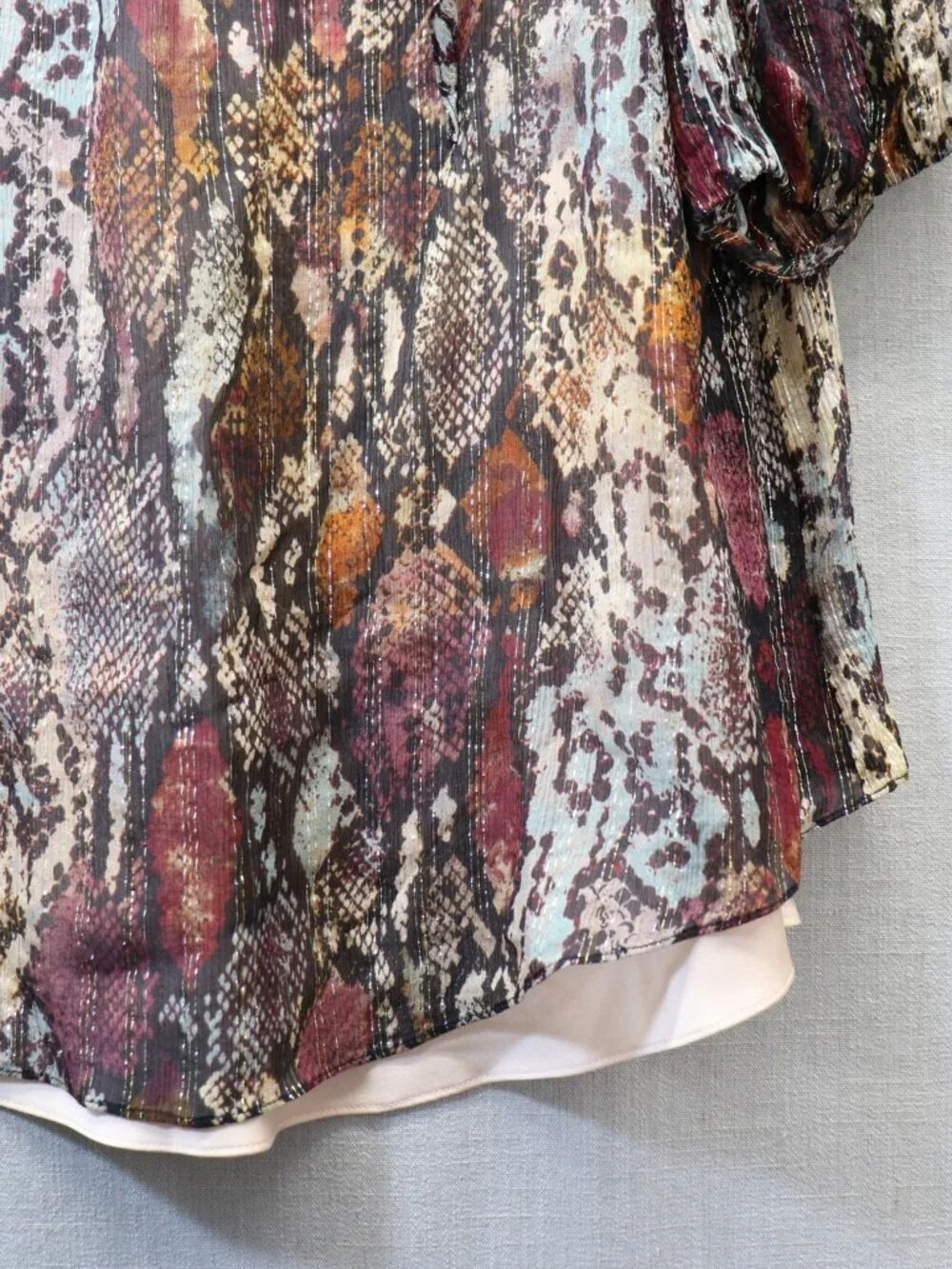 NWT Rebecca Taylor XL SILK Blouse Watercolor Snake Print Gold Metallic Ruffle